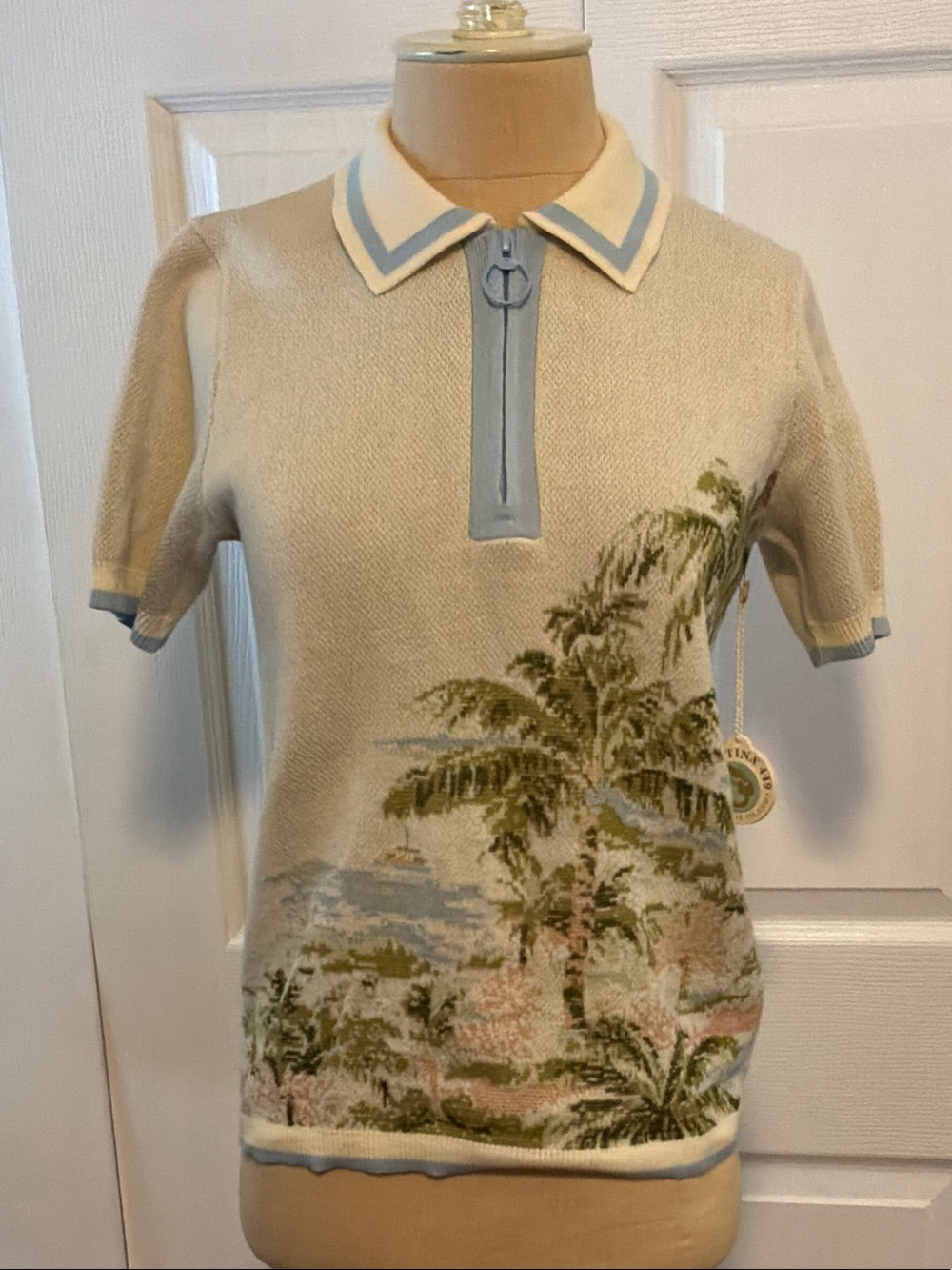 Spartina 449 Beige Polo Knit with Blue Trim and Tropical Palm Design
